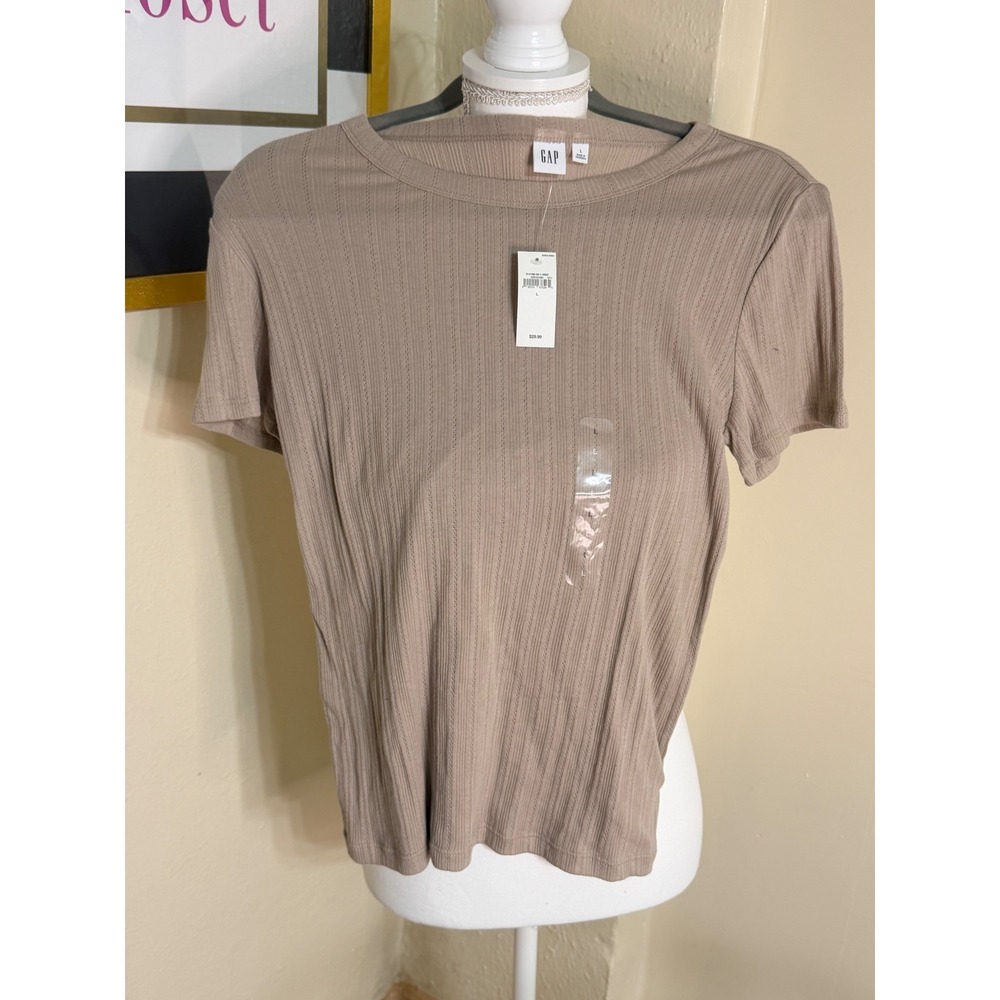Gap Womens Taupe Beige Pointelle Rib Knit Short Sleeve Crew Neck Top Large NWT